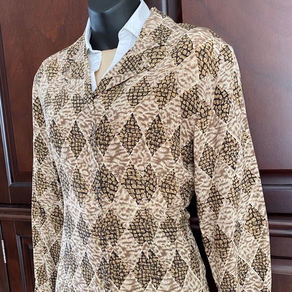 Petite Sophisticate 100% SILK Brown Geo Blouse 4 - Picture 3 of 16